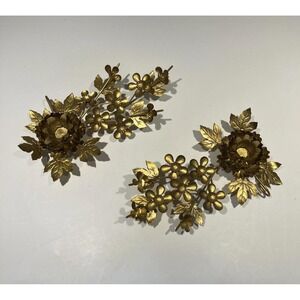 Floral gold gilt Metal Candle Holders - Hollywood Regency Set of 2 MCM Retro
